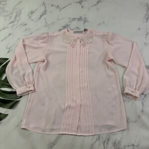 PM Collection Womens Vintage 90s Blouse Top Size 12 Pastel Pink Beaded Collar